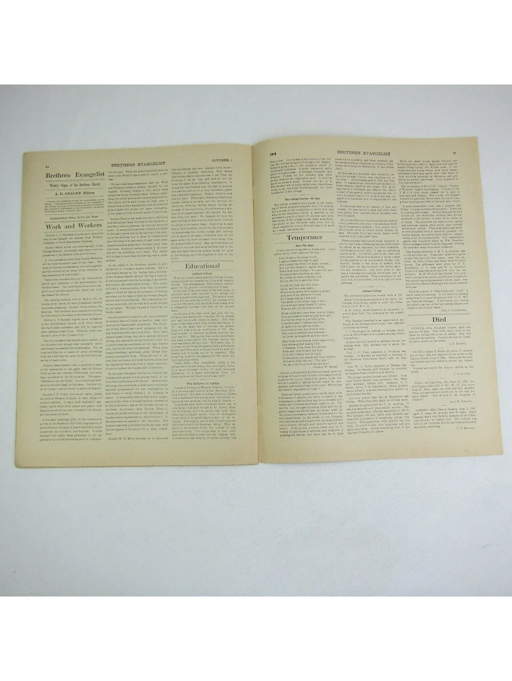 Brethren Evangelist Christian Newspaper Ashland Ohio Antique October 1st 1902
